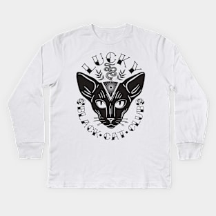 Celestial Sphynx Face Gothic Black Cat Aesthetic Kids Long Sleeve T-Shirt